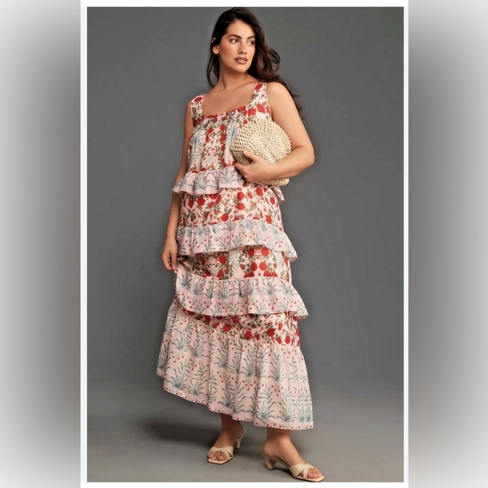 ANTHROPOLOGIE Sz M Floral Tiered Maxi Dress With Ruffles and Smocked Bodice - Picture 2 of 13